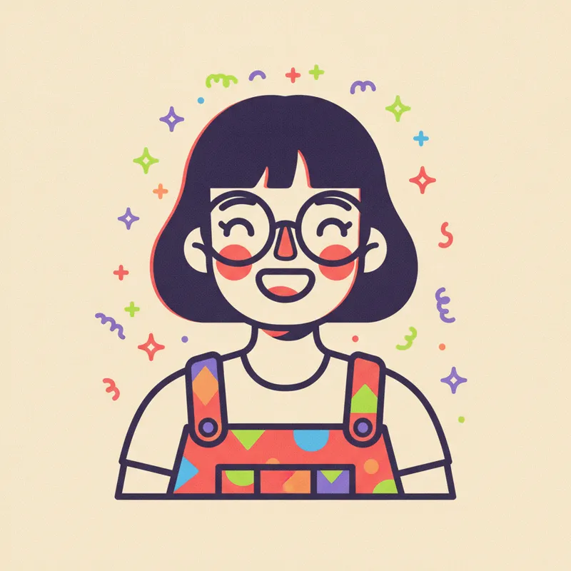 Illustrated portrait of June Park, smiling with round glasses and colorful overalls