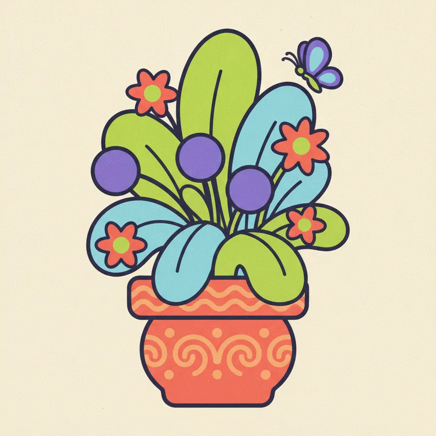 Illustrated houseplant and flowers in a patterned pot with a butterfly