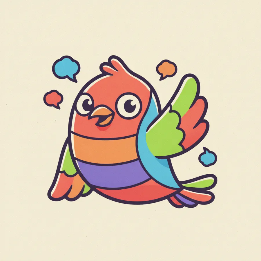 A cheerful songbird mascot waving hello with speech bubbles
