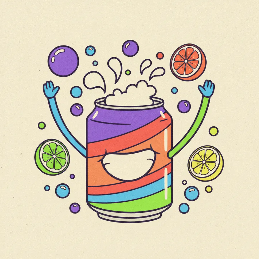 A smiling anthropomorphic soda can mascot surrounded by bubbles and citrus slices