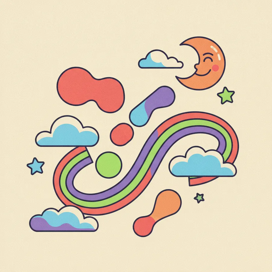 A dreamy looping scene with floating shapes, a crescent moon, stars and a rainbow ribbon