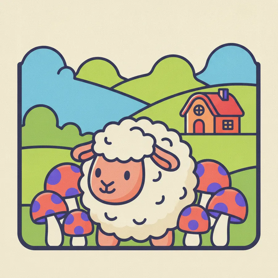 Character key art of a round fluffy sheep among spotted mushrooms with a farmhouse and rolling hills