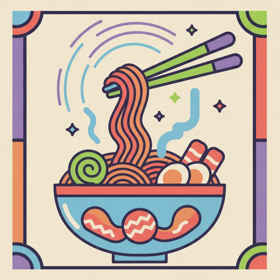 A glowing bowl of ramen with chopsticks lifting noodles and motion sparkles